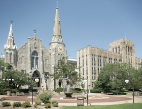 A view of St. John&rsquo;s Church and the Creighton University administration building.