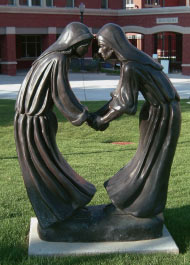 Sculpture in Davis Square of the Visitation of Mary and Martha.
